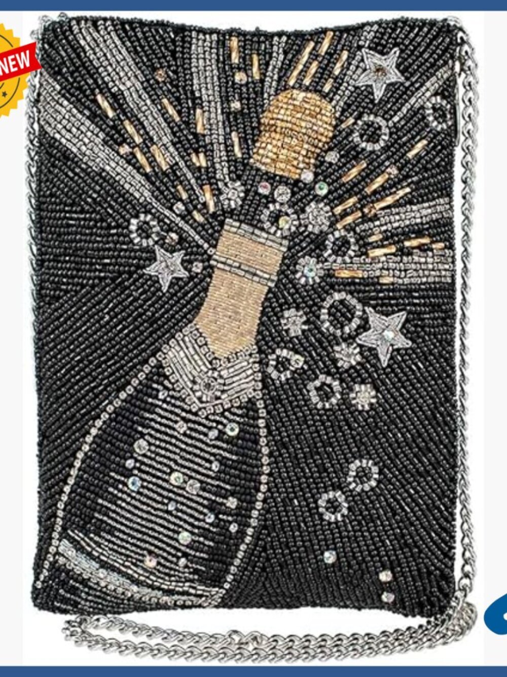 Beaded Mini Crossbody Bag with Champagne Motif, Removable Strap, Clutch